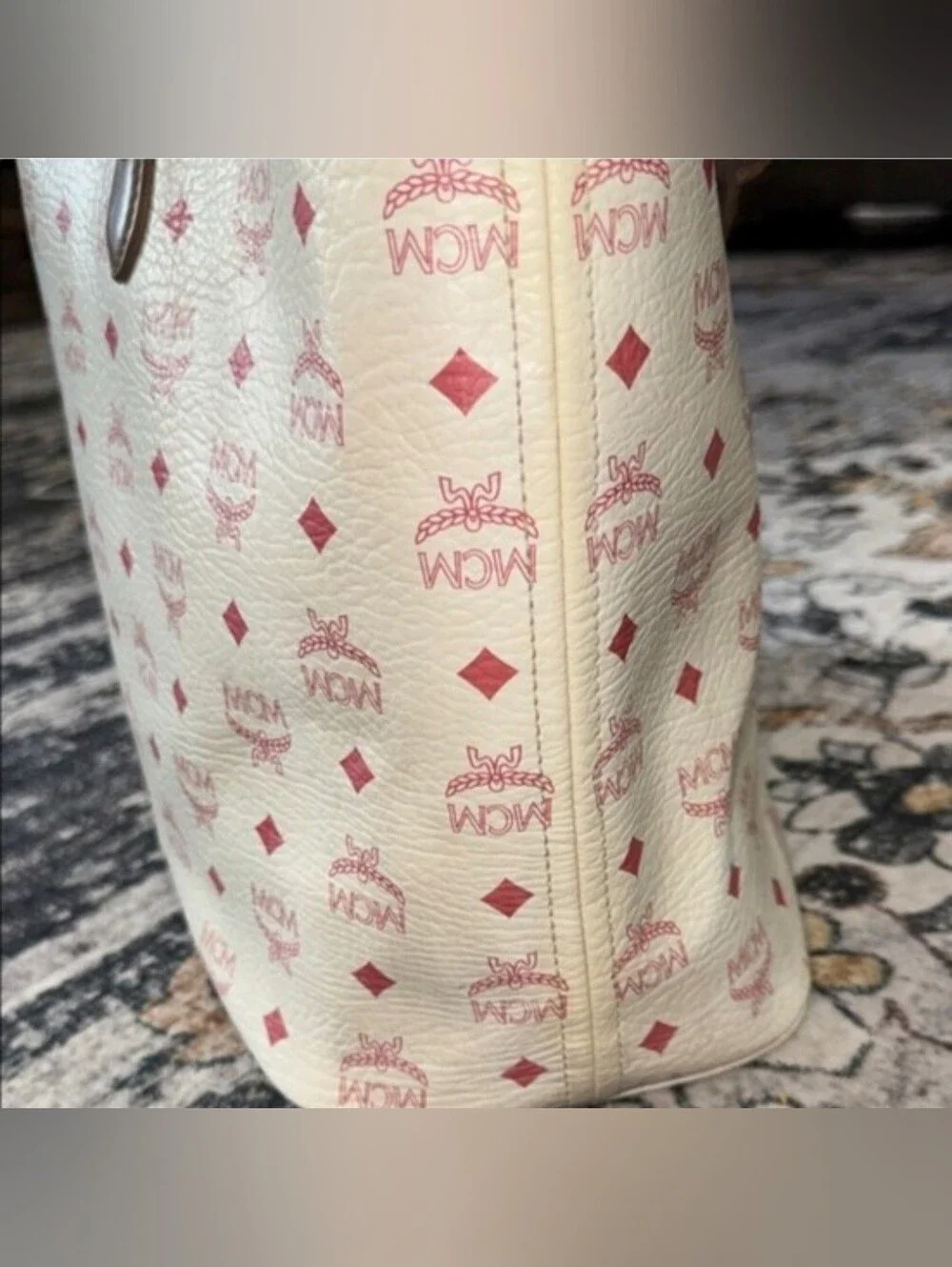 MCM White Pink Logo Canvas Tote with Multicolor Accent Stripes